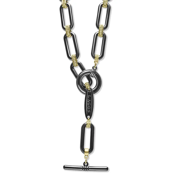 LAGOS Necklaces Signature Caviar 18K Gold and Black Ceramic Link Necklace 9mm LAGOS Necklaces Signature Caviar 18K Gold and Black Ceramic Link Necklace 9mm