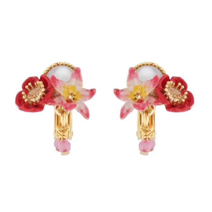 Les Nereides Poppy White Flower Coco Plum And MotherOfPearl ClipOn Earrings Les Nereides Earrings