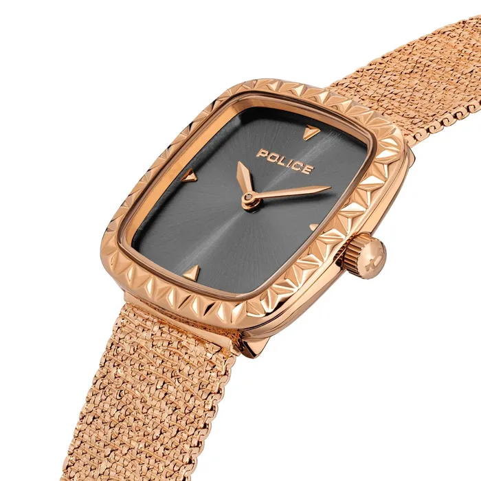 Police Bracelets Police Glamour Square Ladies Grey Satin Dial Rose Gold tone Mesh Bracelet Watch