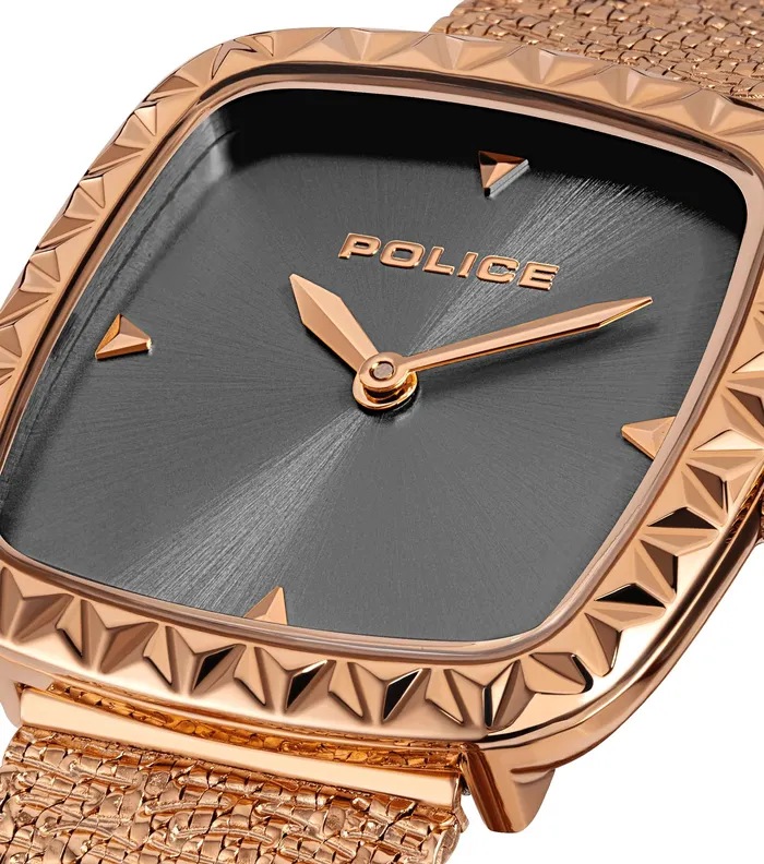 Police Bracelets Police Glamour Square Ladies Grey Satin Dial Rose Gold tone Mesh Bracelet Watch