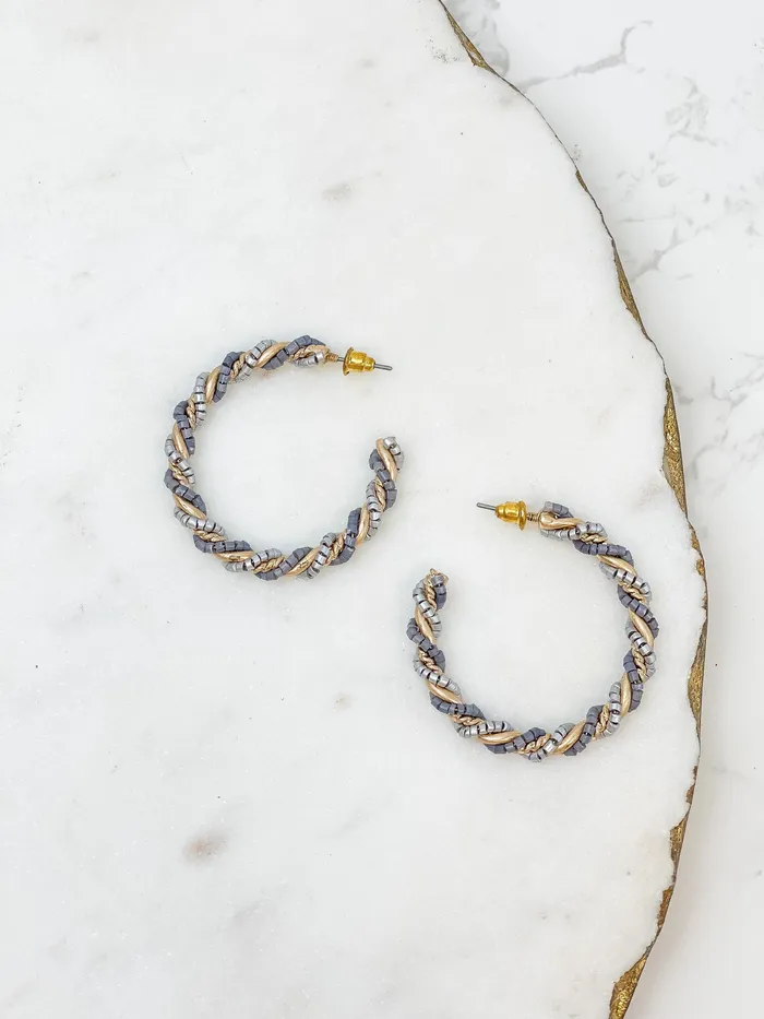 Prep Obsessed CT Beaded Twist Hoop Earrings Gray Earrings