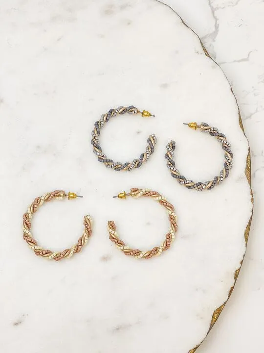 Prep Obsessed CT Beaded Twist Hoop Earrings Gray Earrings