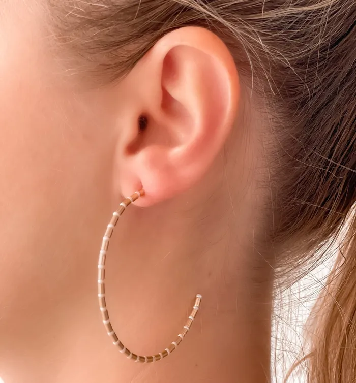 Prep Obsessed CT Earrings Gold Beaded Skinny Hoop Earrings White