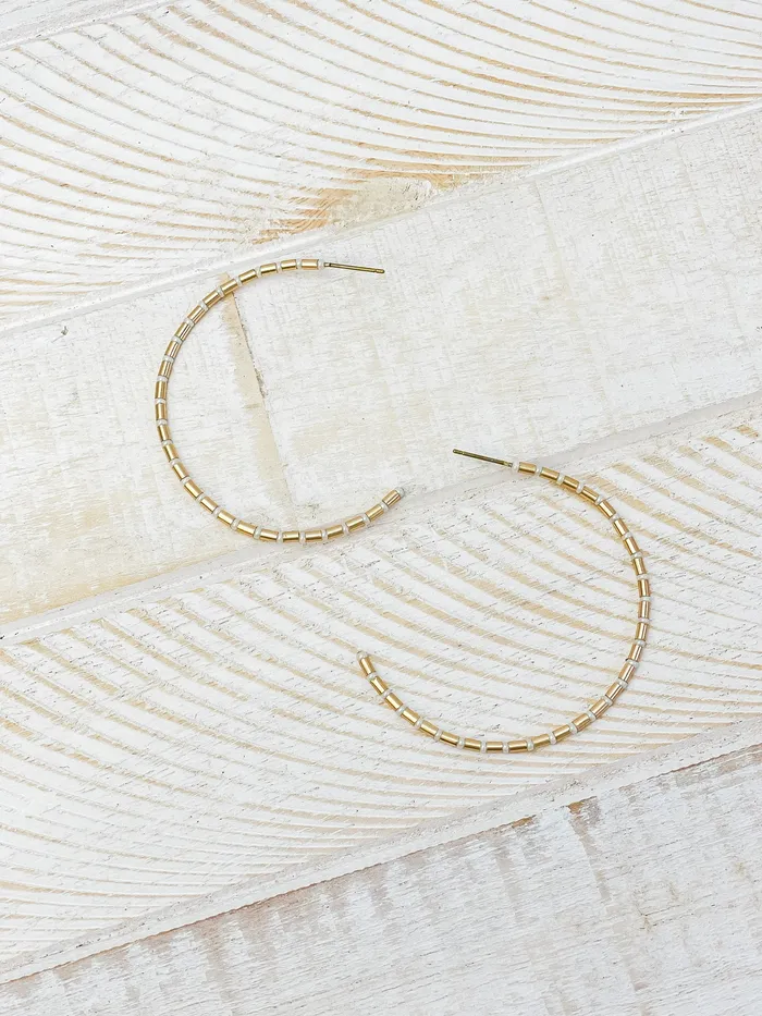 Prep Obsessed CT Earrings Gold Beaded Skinny Hoop Earrings White