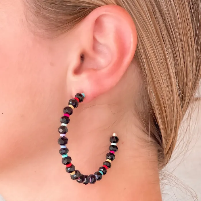 Prep Obsessed CT Earrings Rainbow Beaded Open Hoop Earrings Black