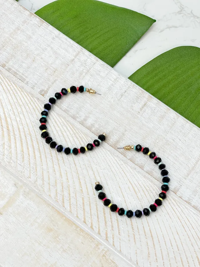 Prep Obsessed CT Earrings Rainbow Beaded Open Hoop Earrings Black