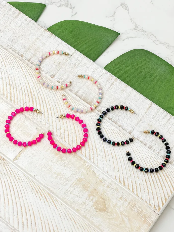 Prep Obsessed CT Earrings Rainbow Beaded Open Hoop Earrings Black