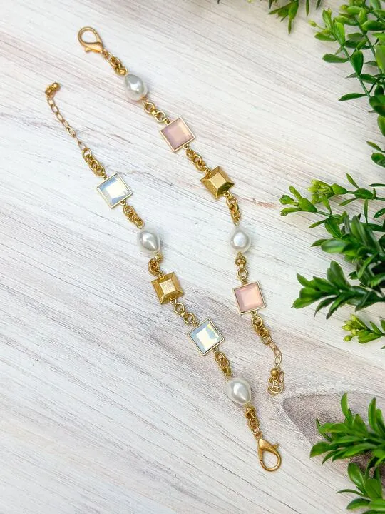 Prep Obsessed ESS Bracelets Pearl Iridescent Stone Station Bracelet Pink