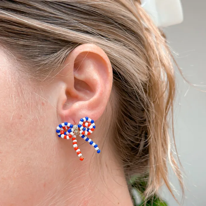 Prep Obsessed ESS Earrings Red White Blue Beaded Bow Stud Earrings