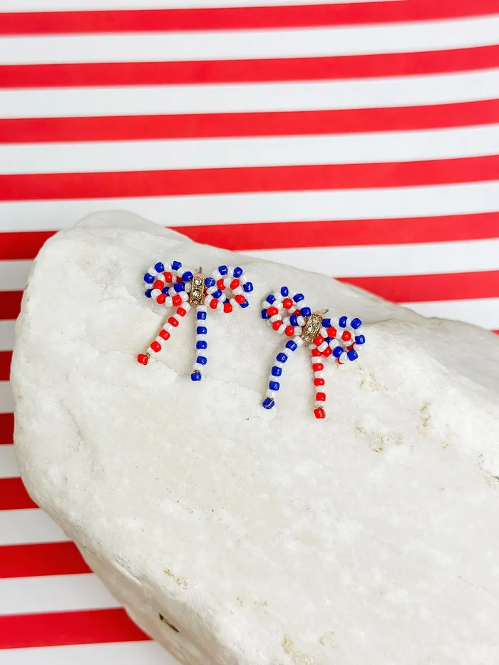 Prep Obsessed ESS Earrings Red White Blue Beaded Bow Stud Earrings