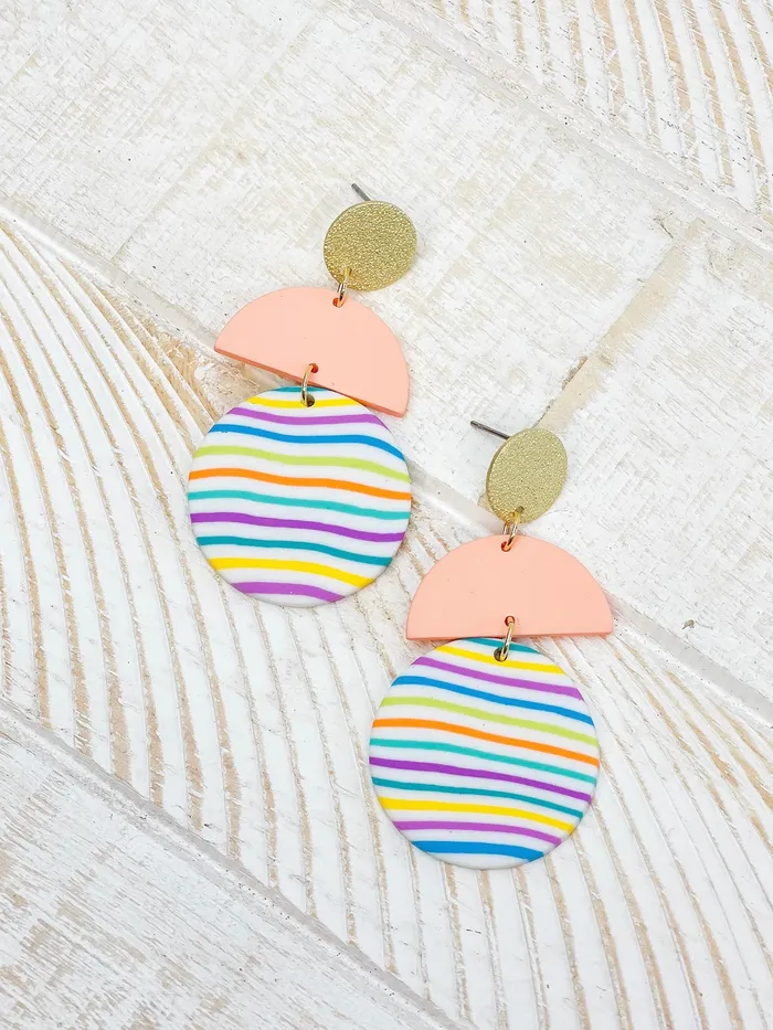 Prep Obsessed FC Geometric Circle Clay Dangle Earrings Rainbow Stripe Peach Earrings