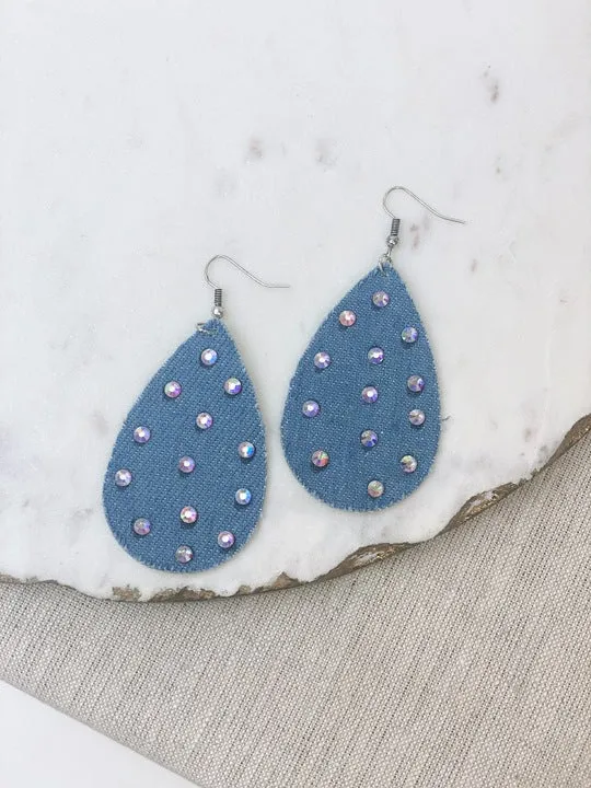 Prep Obsessed MONT Earrings Glitzy Rhinestone Denim Dangle Earrings