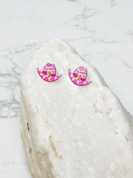 Prep Obsessed RNK Earrings Cow Print Cowboy Hat Stud Earrings Pink