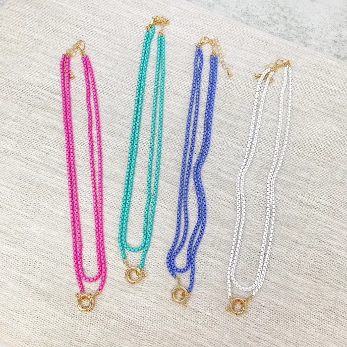 Prep Obsessed RNK Necklaces Enamel Box Chain Layered Necklace Pink