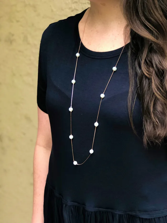 Prep Obsessed SL Lara Long Pearl Station Necklace Rose Gold Necklaces