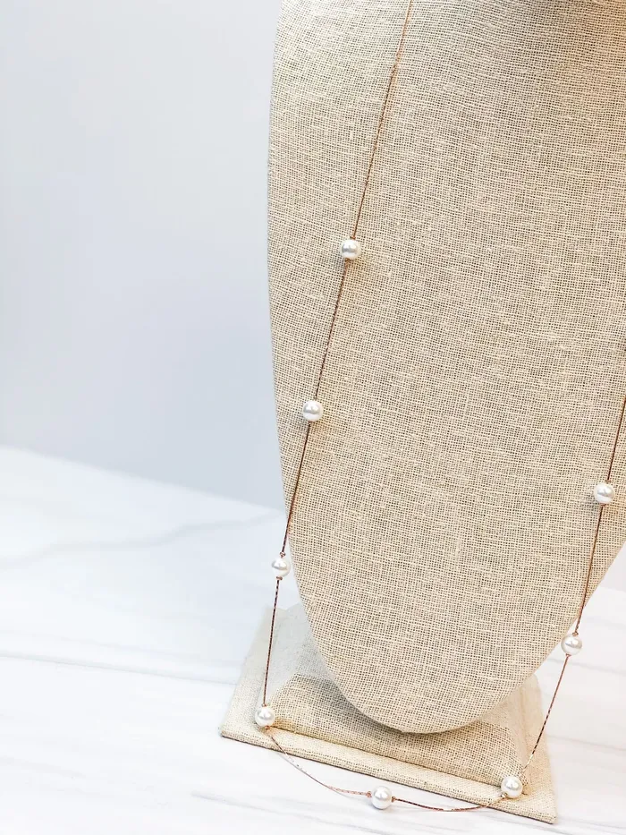 Prep Obsessed SL Lara Long Pearl Station Necklace Rose Gold Necklaces