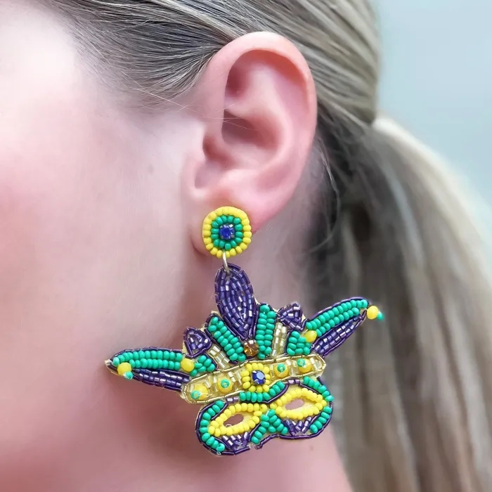 Prep Obsessed TL Earrings Mardi Gras Mask Beaded Dangle Earrings