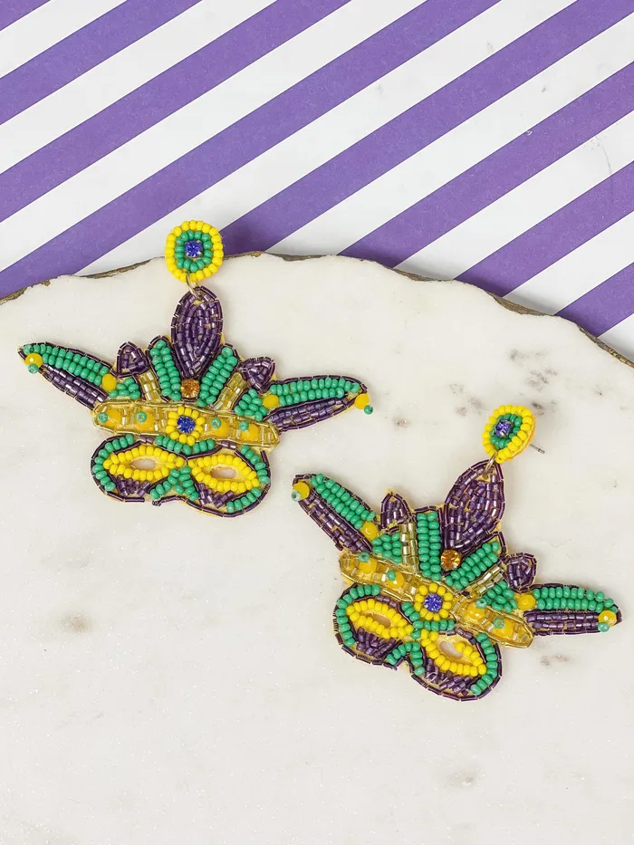 Prep Obsessed TL Earrings Mardi Gras Mask Beaded Dangle Earrings