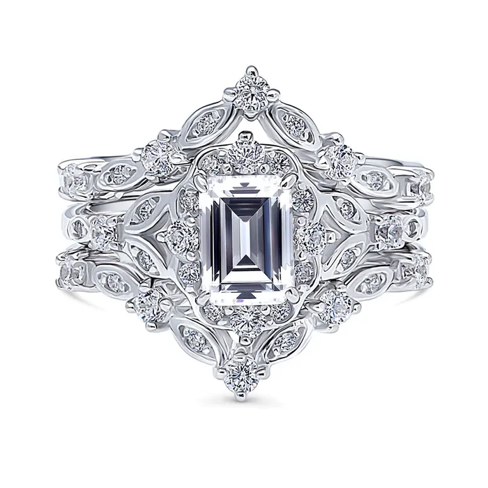 Rings BERRICLE Halo Wishbone Emerald Cut CZ Ring Set in Sterling Silver