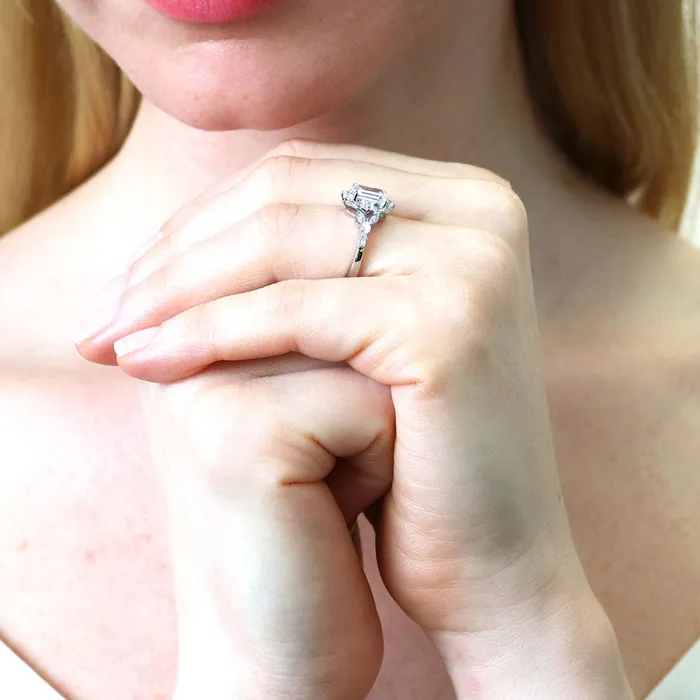 Rings BERRICLE Halo Wishbone Emerald Cut CZ Ring Set in Sterling Silver