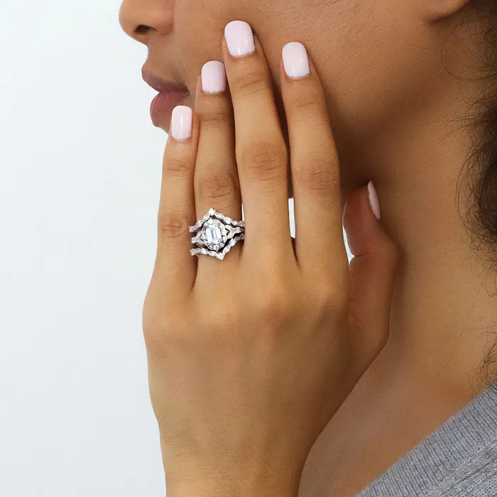 Rings BERRICLE Halo Wishbone Emerald Cut CZ Ring Set in Sterling Silver