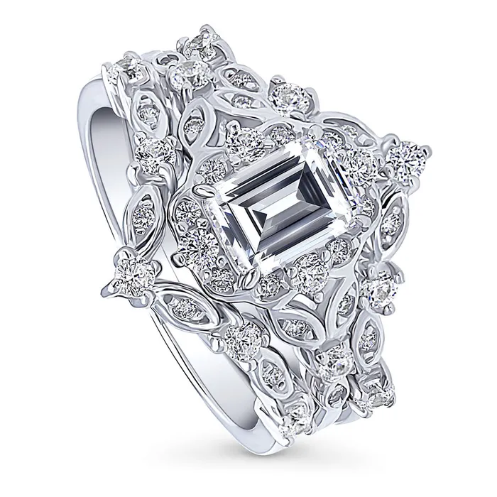 Rings BERRICLE Halo Wishbone Emerald Cut CZ Ring Set in Sterling Silver