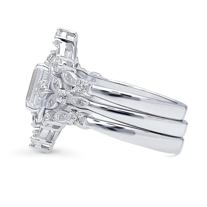 Rings BERRICLE Halo Wishbone Emerald Cut CZ Ring Set in Sterling Silver