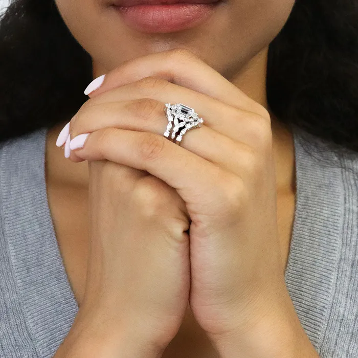 Rings BERRICLE Halo Wishbone Emerald Cut CZ Ring Set in Sterling Silver