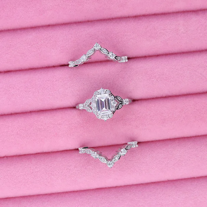 Rings BERRICLE Halo Wishbone Emerald Cut CZ Ring Set in Sterling Silver