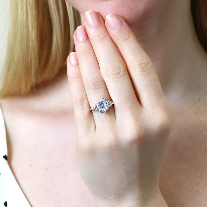 Rings BERRICLE Halo Wishbone Emerald Cut CZ Ring Set in Sterling Silver