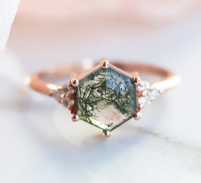 Rings Capucinne Klara Moss Agate Ring With Diamonds