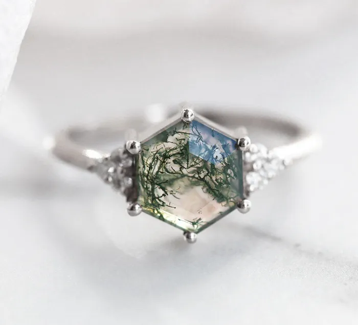 Rings Capucinne Klara Moss Agate Ring With Diamonds