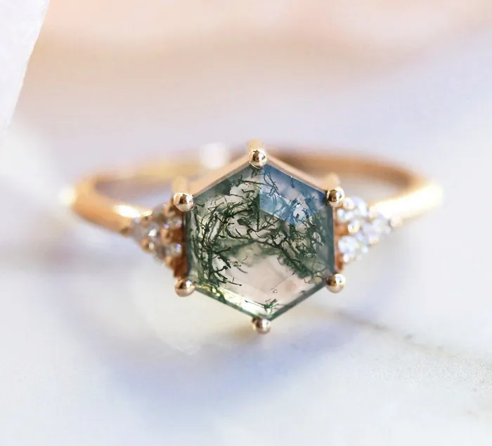 Rings Capucinne Klara Moss Agate Ring With Diamonds