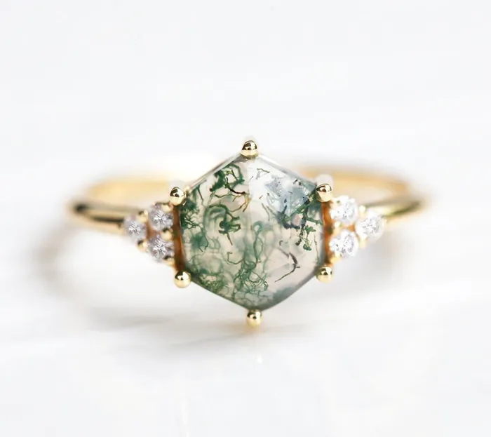Rings Capucinne Klara Moss Agate Ring With Diamonds