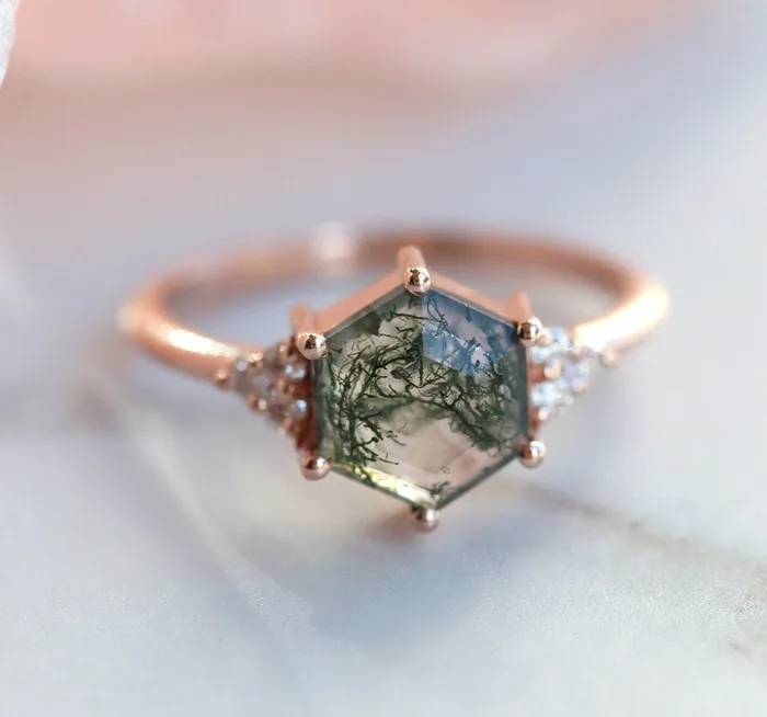 Rings Capucinne Klara Moss Agate Ring With Diamonds