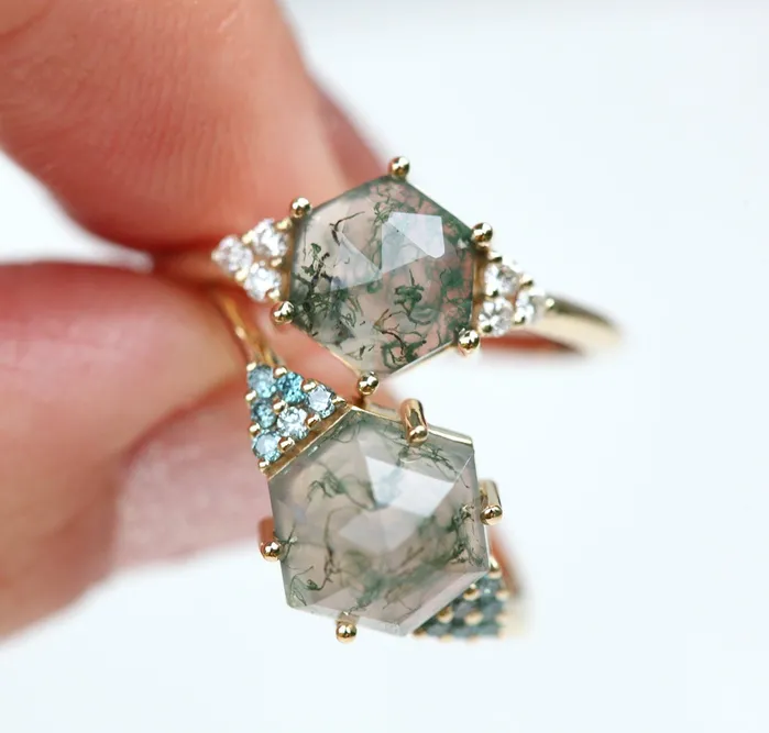 Rings Capucinne Klara Moss Agate Ring With Diamonds