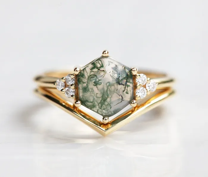 Rings Capucinne Klara Moss Agate Ring With Diamonds