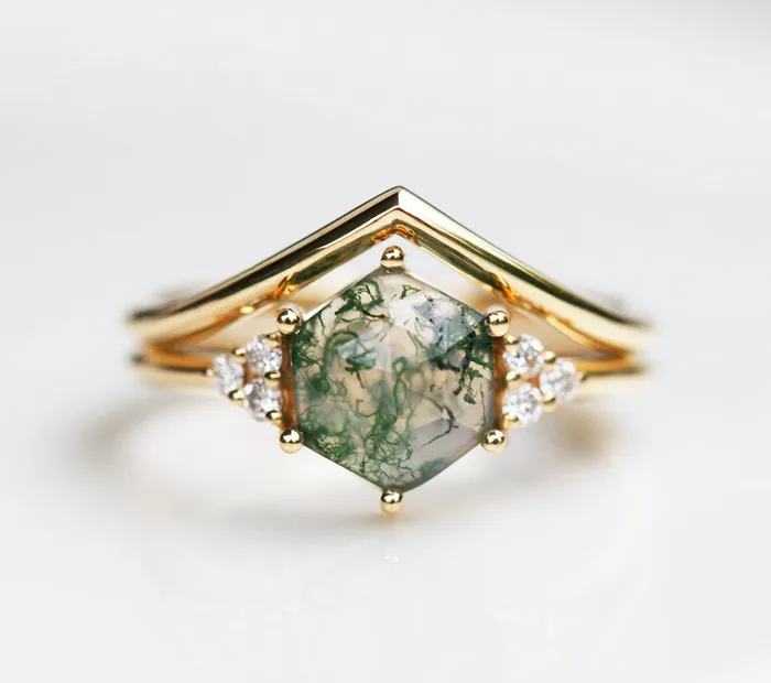 Rings Capucinne Klara Moss Agate Ring With Diamonds