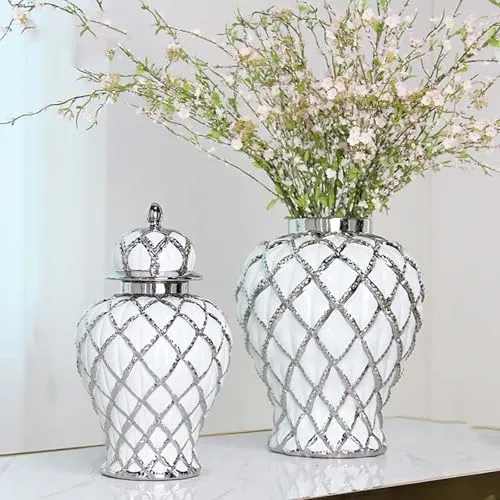 Rings Dropshipped via Social Commerce Network MYADDICTION Decorative Ginger Jar Modern Flower Arrangement for Wedding Centerpiece Cafe White Silver