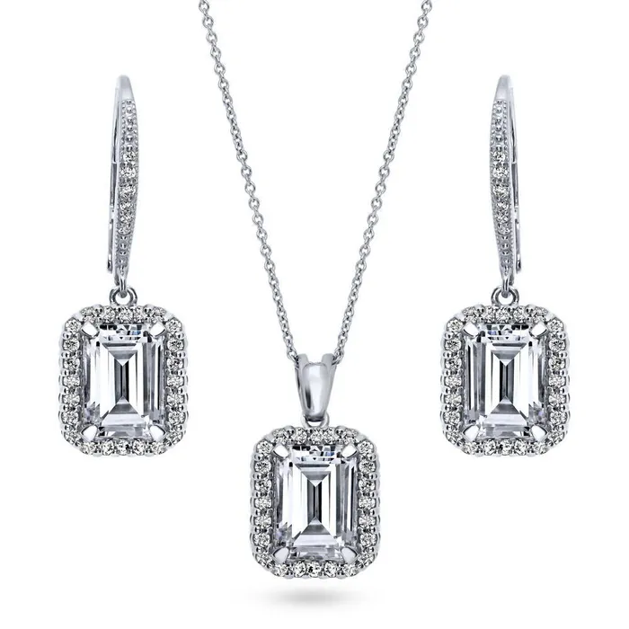 Rings Halo Emerald Cut CZ Set in Sterling Silver BERRICLE