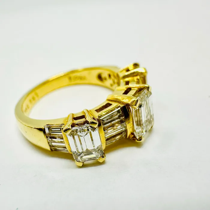 Rings NOVA NOVA 18K Gold 3 Stone Ring with Emerald Cut and Baguette Diamonds