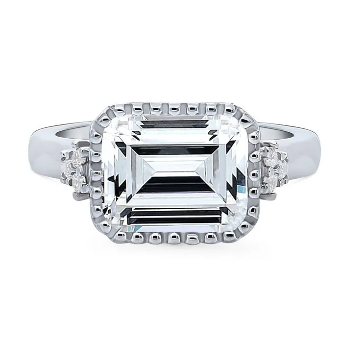 Rings Solitaire Milgrain Emerald Cut CZ Ring in Sterling Silver 38ct BERRICLE