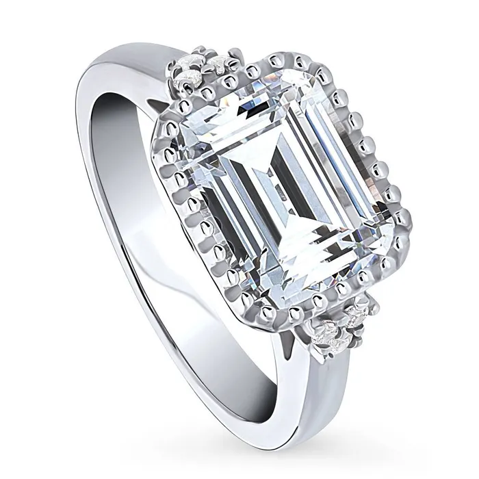 Rings Solitaire Milgrain Emerald Cut CZ Ring in Sterling Silver 38ct BERRICLE
