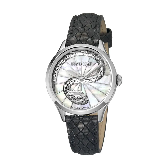 Roberto Cavalli Roberto Cavalli Ladies Watch Black Leather Strap Silver Color Case With Mother Of Pearl Dial Watches Roberto Cavalli Roberto Cavalli Ladies Watch Black Leather Strap Silver Color Case With Mother Of Pearl Dial Watches