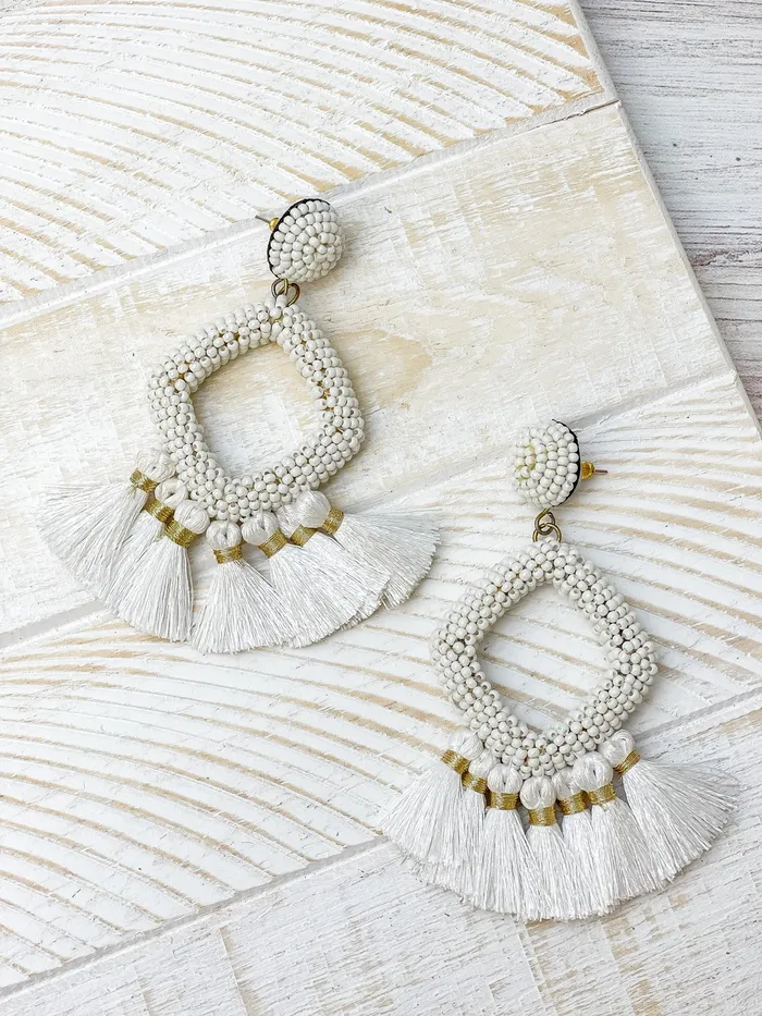 Seed Bead Fringe Dangle Earrings White Prep Obsessed TI Earrings