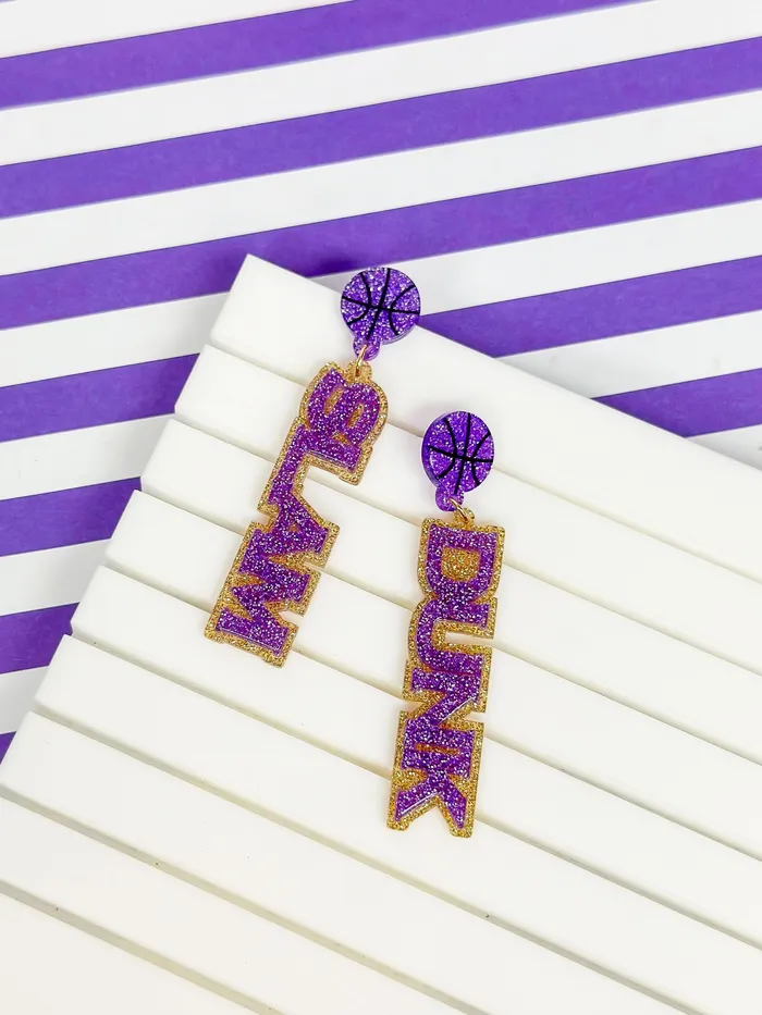 Slam Dunk Statement Dangle Earrings Purple Gold Glitter Prep Obsessed VP Earrings