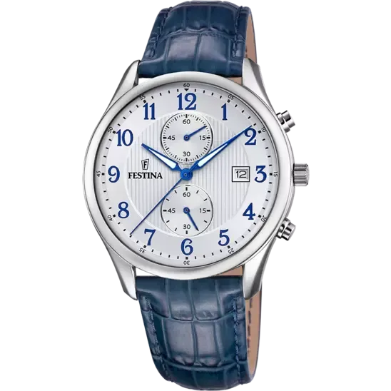 Watches Festina Festina Timeless Chronograph Gents White Dial Blue Leather Strap Watch Watches Festina Festina Timeless Chronograph Gents White Dial Blue Leather Strap Watch